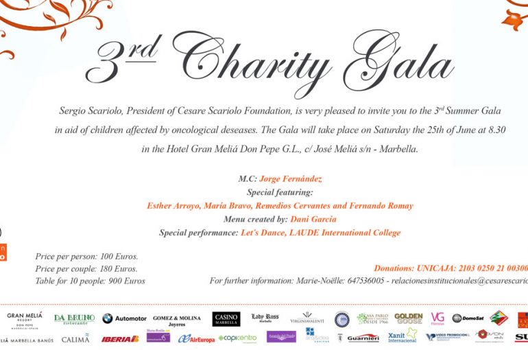 3rd Charity Gala for Cesare Scariolo Trust, June the 25th at Hotel Gran Meliá Don Pepe, Marbella
